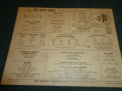 1967 PONTIAC TEMPEST 230 I-6 ENGINE SUN TUNE-UP CHART / WITH ONE BARREL CARB - Image 1 of 2