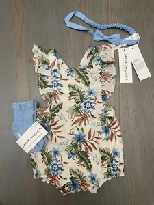 NWT Janie and Jack girl 3-piece floral jungle SUMMER SPRING romper bow SET 0 3 - Picture 1 of 8