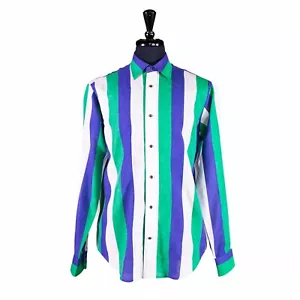 Mens Linen Button Up Shirt M Green Purple Striped Casual Summer Beach Dressy - Picture 1 of 5