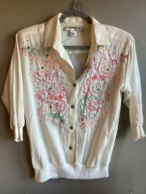 Top Adolfo Mujer Vintage Manga 3/4 Marfil S con Detalles Bordados Rosa/Azul Foto 1 de 4
