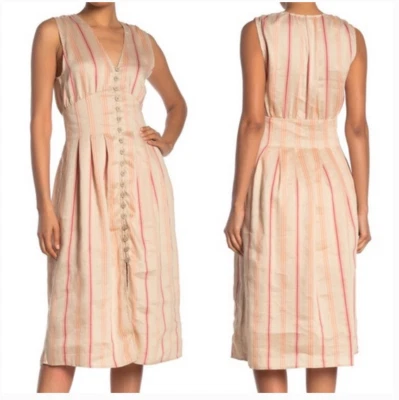 Vestido midi Joie Valari bege listrado vermelho sem mangas linho botão frontal novo com etiquetas P - Imagem 1 de 4