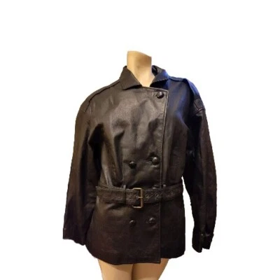 Chaqueta de cuero Spiegel mediana negra con cinturón botones grandes bolsillos forrados Foto 1 de 4