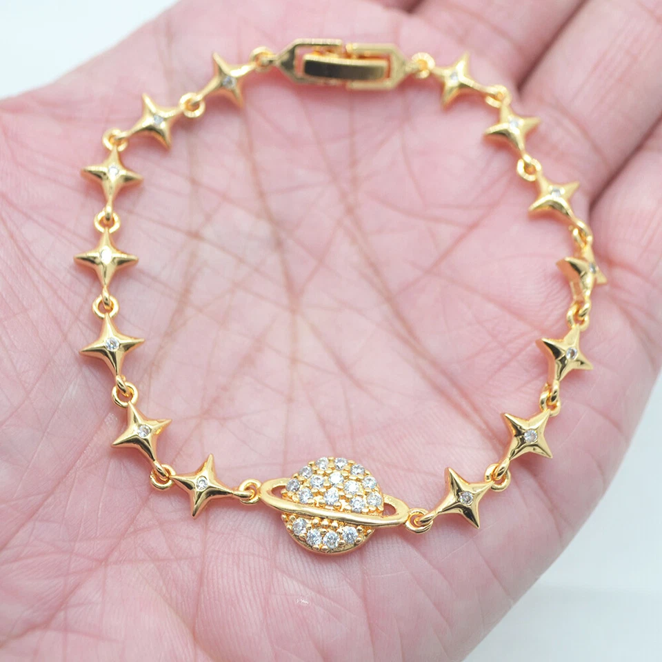 18K Yellow Gold Filled Women Clear Topaz Planet Stars Saturn Charm Bracelet - Image 1 of 1