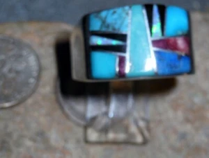 New Size 12 1/4 Mens Sterling Multi Stone Inlay Ring Navajo Evangeline Sherman - Picture 1 of 8