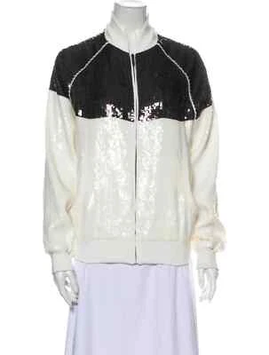 Alberta Ferretti Blanco Negro Lentejuelas Vacaciones Bombardero Cremallera Chaqueta $1550 Talla 4/S Foto 1 de 4
