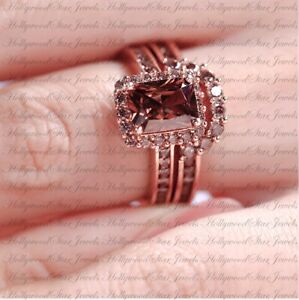 Delicious Coffee Halo Emerald Cut 14K Rose Gold Over Engagement Wedding Ring Set