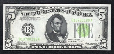 FR. 1955-B 1934 $5 LIGHT GREEN SEAL FRN FEDERAL RESERVE NOTE NEW YORK, NY UNC - Image 1 of 2