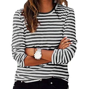 Tops for Women 2024 Tunic Gray Striped Loose Fit Long Sleeve T Shirts for Women  - Picture 1 of 11