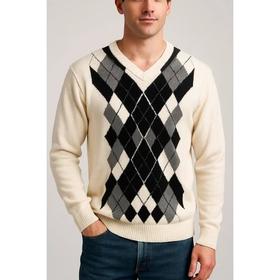 Vintage John Ashford Golf Argyle V Neck Sweater Mens Large Ivory Black Gray - Image 1 of 4