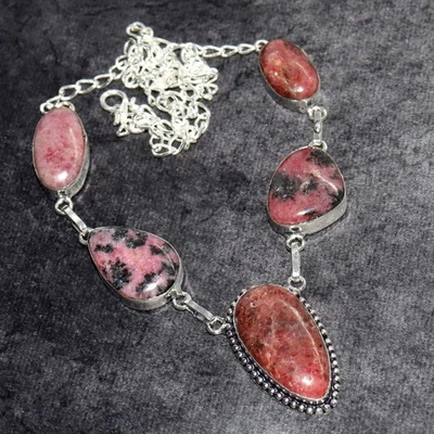 925 Silver Plated Classy Cobalt Calcite Rhodonite Necklace Gemstone 18" MJ - Image 1 of 3