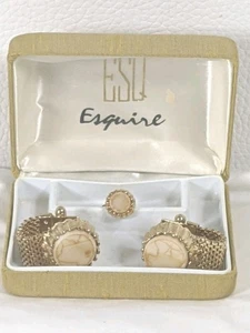 Esquire ESQ Gold Tone Cufflinks and Tie Pin Set Marble Color Original Box 1960s - Picture 1 of 13