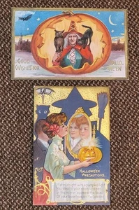 (2) Antike Halloween Postkarten Anfang 1900 - Kürbis Hexe Katze Fledermaus TOP - Bild 1 von 13