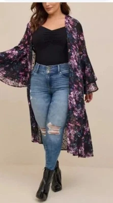 Kimono de gasa árrida manga acampanada caprichoso flores negras punto suizo transparente 1X Foto 1 de 4