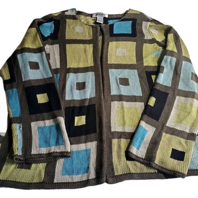 Suéter cárdigan 100 % seda Alfani para mujer talla XL bloques de colores retazos frente abierto Foto 1 de 4