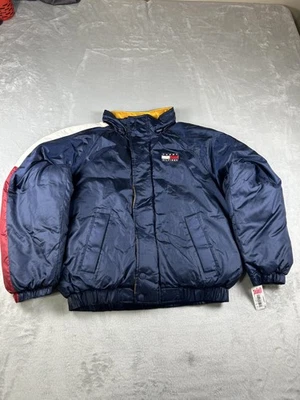 Chaqueta Tommy Hilfiger De Colección Para Hombres XL Azul Marino Puffer Aislado Bandera Polizón Capucha Foto 1 de 4