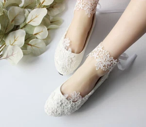 White Ivory Lace Pearl Wedding shoes Bridal bridesmades flats ankle straps pump - Picture 1 of 5