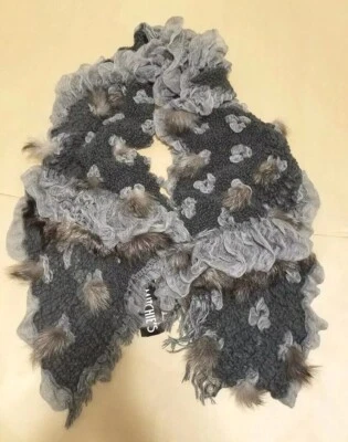 Bufanda Larga de Piel de Zorro MITCHIE'S GRIS Gris Oscuro PLATEADO Zorro NUEVA 13"x 70" Lana *LEER** Foto 1 de 4