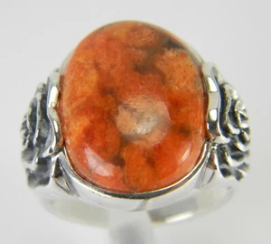 Anillo solitario ovalado cabujón de plata esterlina .925 coral rojo - Imagen 1 de 5