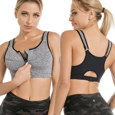 Women's Zipper Front Closure Sports Bra Racerback Yoga Bra with Removable Pads - Image 1 of 4