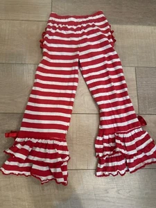 Red & White Striped Girls Ruffle Butt Pants With Frilly Hem & Bow Accents Cotton - Picture 1 of 6