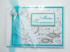Gästebuch zur Kommunion "Fische" - türkis Din A5 quer *HANDMADE* - Bild 1 von 1