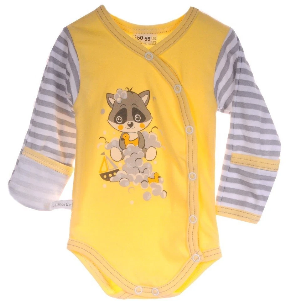 Wickelbody Baby Body in Gelb gestreift mit Elefant langarm mit Kratzschutz - Bild 1 von 1