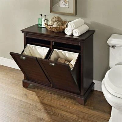 Crosley Dual Laundry Hamper Hidden Dirty Clothes Storage Bathroom Furniture - Image 1 of 4