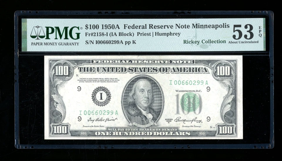 DBR 1950-A $100 FRN Minneapolis Fr. 2158-I PMG 53 EPQ Serial I00660299A - Image 1 of 2