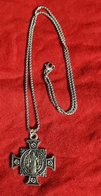 SILVER PLATED SAINT BENEDICT BMedal Cross Pendant on 22  In Chain FREE SHIPPING  - Image 1 of 4
