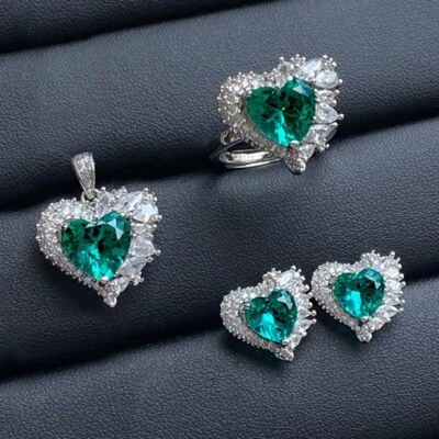 Conjunto de 3 piezas de aretes collar plata con gemas de topacio citrino verde corazón mujer niña Foto 1 de 4