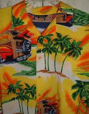 Camisa Hawaiana Para Hombres Canopy Aloha Woody Tabla de Surf Palmas Abotonada De Colección Campamento Grande Foto 1 de 3