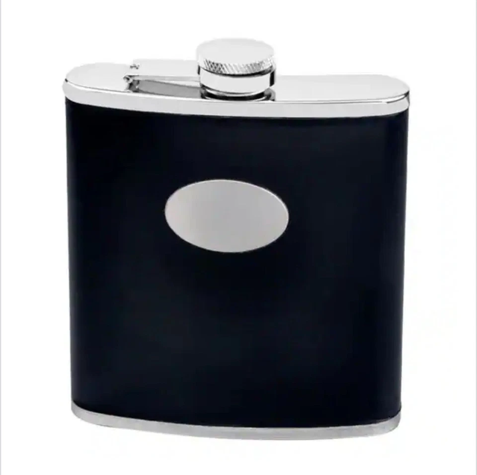 18oz. LARGE, Stainless Steel Flask, Black Leather, Captive Lid, New In Box - Image 1 of 1