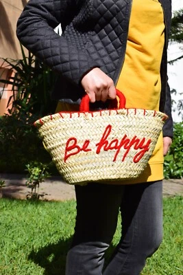 Moroccan handmade straw basket "Be Happy",Moroccan straw box - Image 1 of 4