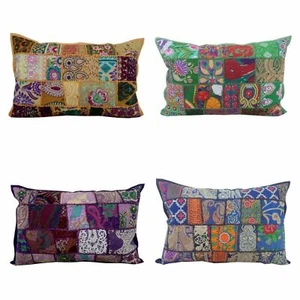 Handmade Patchwork Cotton Pillow Case Indian Embroidered Home Decor 16 x 24 Inch - Picture 1 of 43