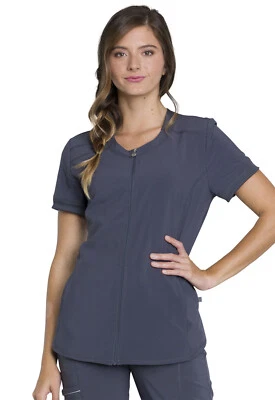 Cherokee Scrubs Zip Front V Neck Top CK810A PWPS Pewter Free Shipping - Image 1 of 4
