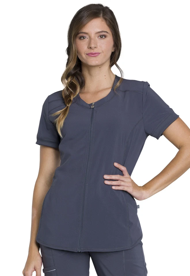 Cherokee Scrubs Zip Front V Neck Top CK810A PWPS Pewter Free Shipping - Image 1 of 4
