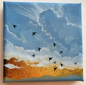 Original Acrylic Painting on Canvas 4x4 – Birds in Golden Sky, Handmade - Picture 1 of 6