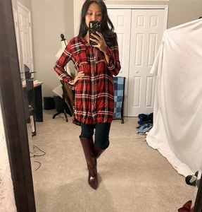 Franela larga roja a cuadros, manga larga, botones dorados, suave, cuello, hasta la rodilla - Imagen 1 de 7