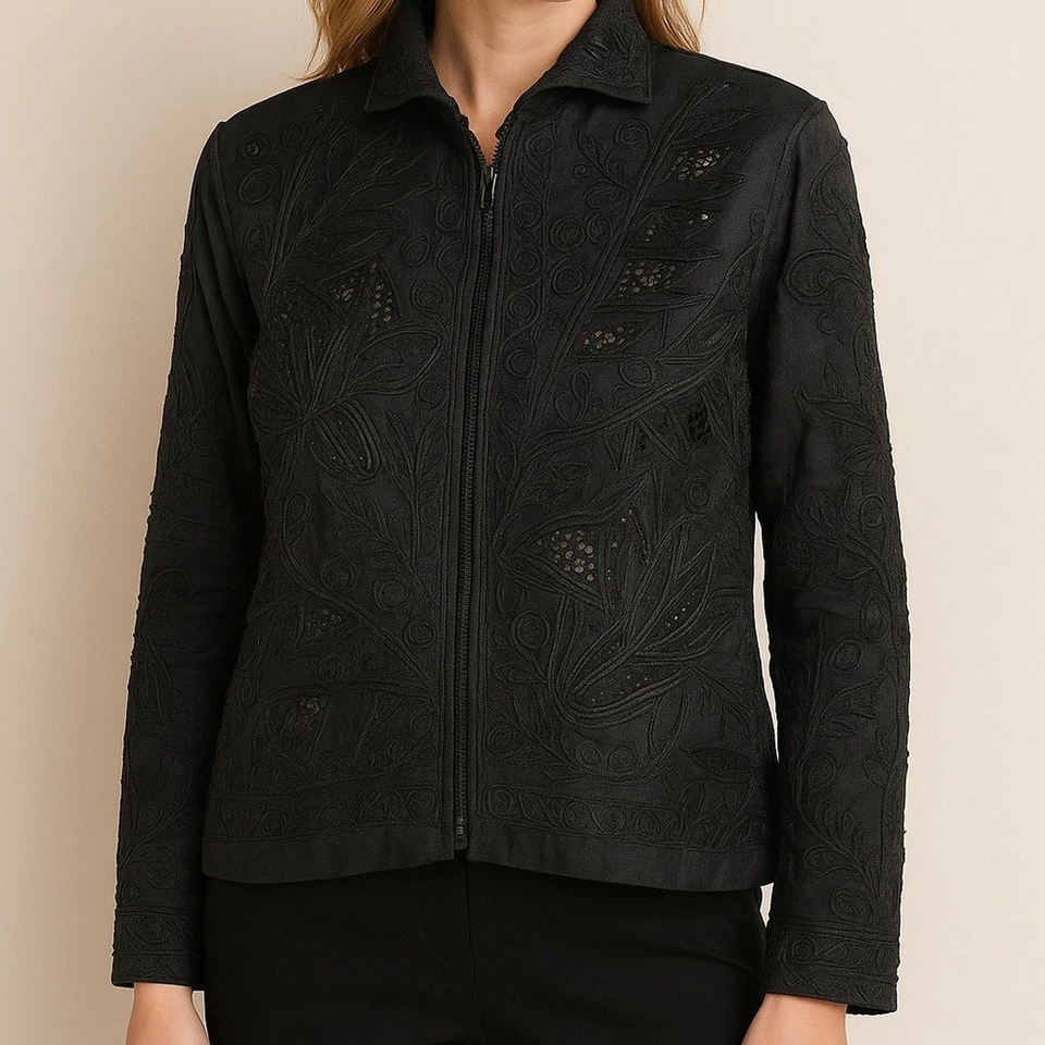 Chaqueta Top Sandy Starkman 100% Seda Bordada con Cuentas - Negra Talla Grande Foto 1 de 4