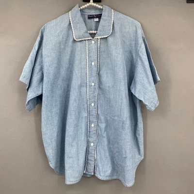 Vintage 90s Ralph Lauren Womens Top Blue Cottagecore Denim Short Sleeve Size 10 - Image 1 of 4