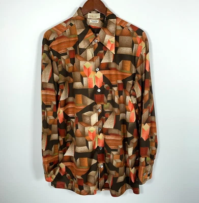D'Avila Abstract Pattern Shirt Adult XL Brown Orange Big Collar Disco Polyester - Image 1 of 4