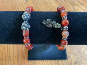 HANDMADE 7 INCH RED AGATE STRETCH BRACELET EMBELLISH WITH MICRO PAVE CZ AND LEAF - Picture 1 of 11