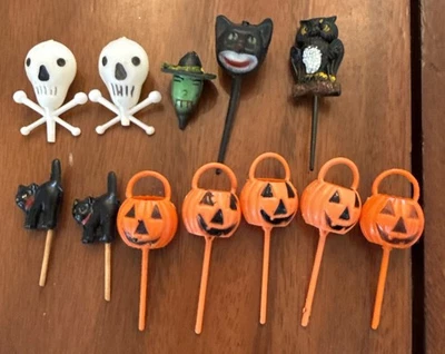 Lote 12 De Colección Halloween Cabeza de Calabaza Gato Bruja Búho Cupcake Pastel Topper Celuloide Foto 1 de 4