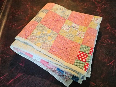 Beautiful! Vtg Handmade Quilt Pink Patchwork  Feedsack 9 Square Block 74" by 81" - Image 1 of 4