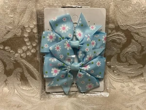 Light Blue White Floral Hair Bow Clips Grosgrain Ribbon Girl Hair Barrette Set - Picture 1 of 6