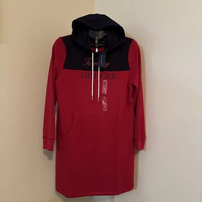 NWT Tommy Hilfiger Cotton Hoodie Sweatshirt Dress Red Navy Pocket Large Sz M - Image 1 of 4