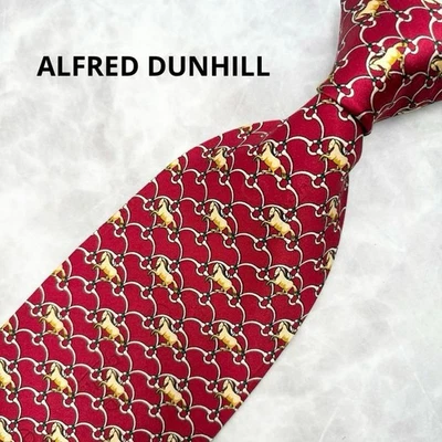 Corbata de seda Dunhill patrón de brocas de caballo rojo ancho usado Foto 1 de 4