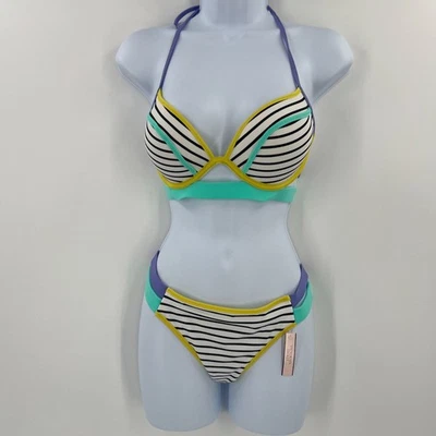 NUEVO CON ETIQUETAS VS Conjunto de Corbata de Natación 32D M Bikini Push Up Rayas Neón Bloque de Color Itsy Foto 1 de 4