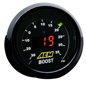 AEM 30-35psi Boost Display Gauge- Black & Silver Bezel - Black & White Faceplate - Picture 1 of 4