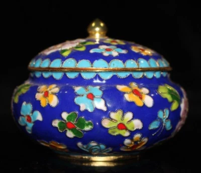 Exquisito noble cobre Cloisonne esmalte talla flor flor almacenamiento maceta tarro Foto 1 de 4